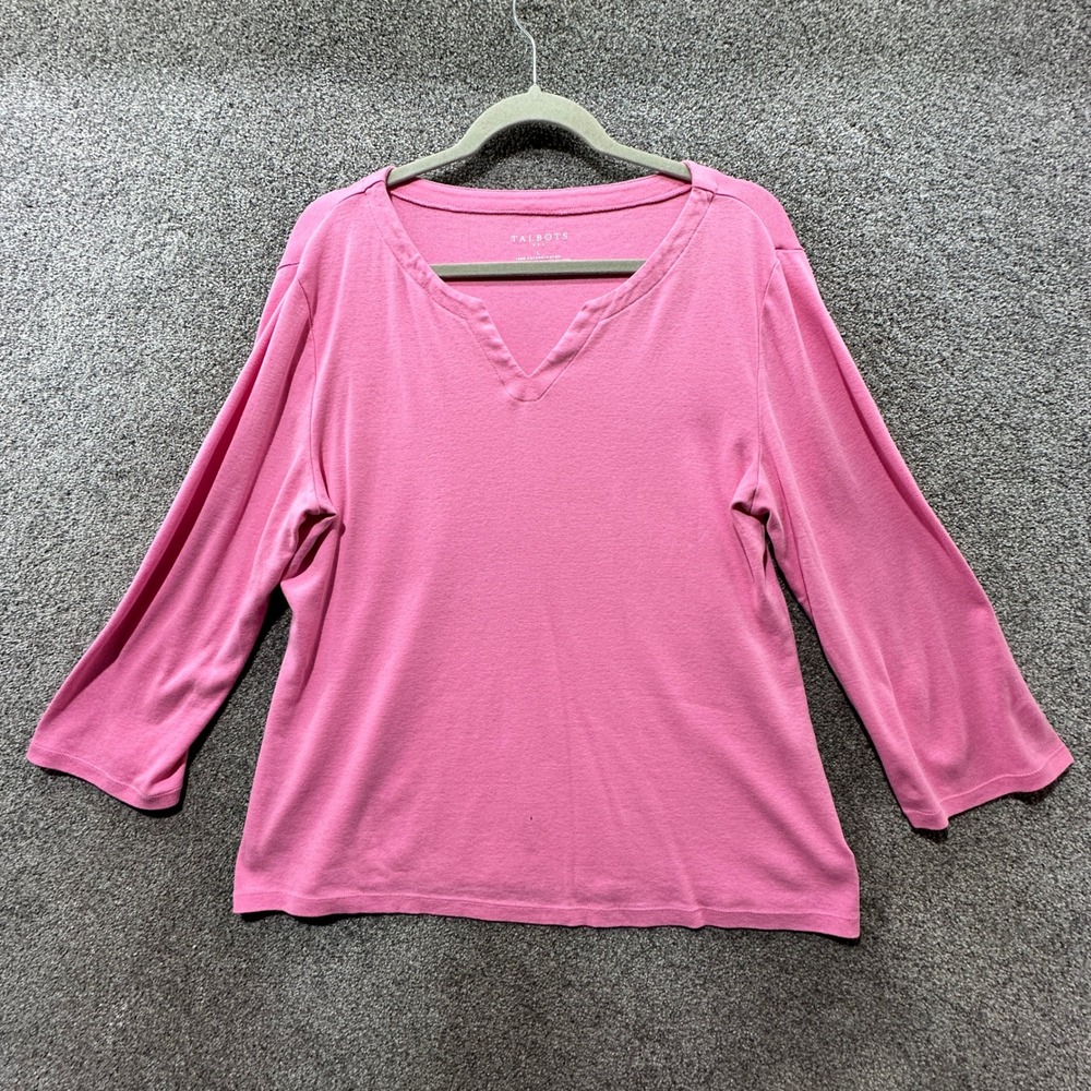 Talbots T-Shirt Top Women Large Pink 3/4 Sleeve Cotton Casual‎ Basic V Neck